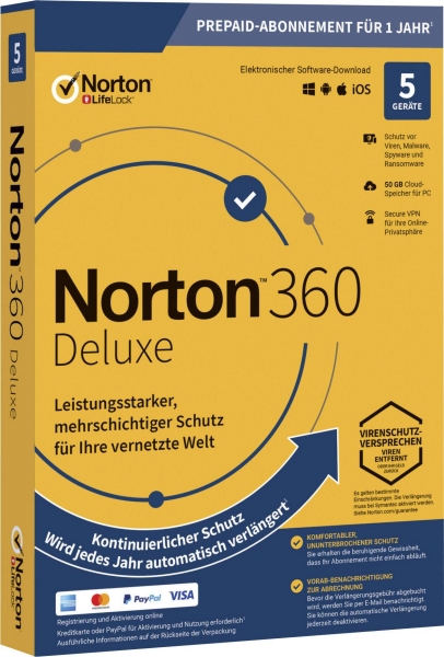 Symantec Norton 360 Deluxe, 50 GB cloudback-up, 1 gebruiker 5 apparaten, 12 MO jaarlijkse licentie, download